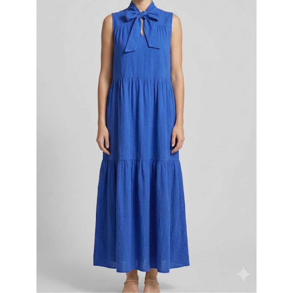 Lili Sidonio Molly Bracken Medium Royal Blue Cotton Neck Tie Tiered Midi Dress